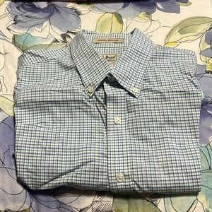 LL Bean Blue/Yellow Short Sleeve Dress Shirt with Pocket, Wrinkle Resistant, L